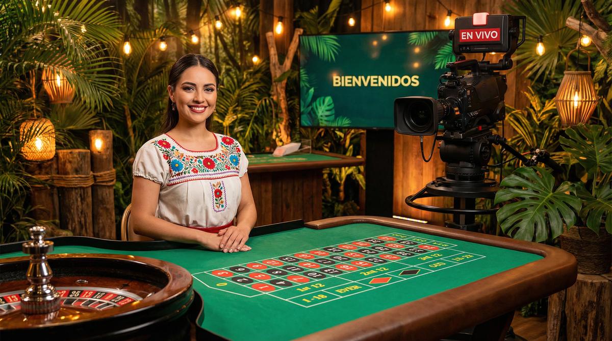 Crupier profesional en el casino en vivo de Instabet Mexico con decoración tropical